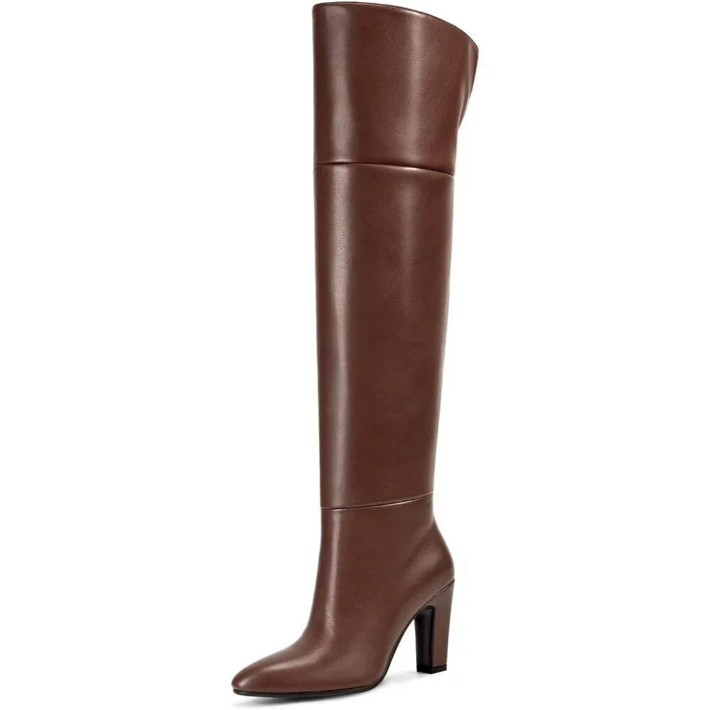 Women's light Brown High Thigh Over the Knee Chunky Side Zipper Calf Design Boot